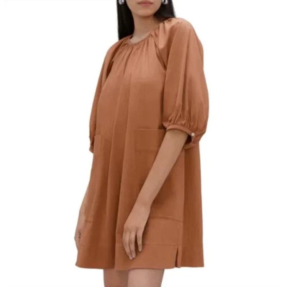 NWT Everlane Tawny Brown Puff Sleeve Dress Seersucker Puff Sleeve Mini Dress M
